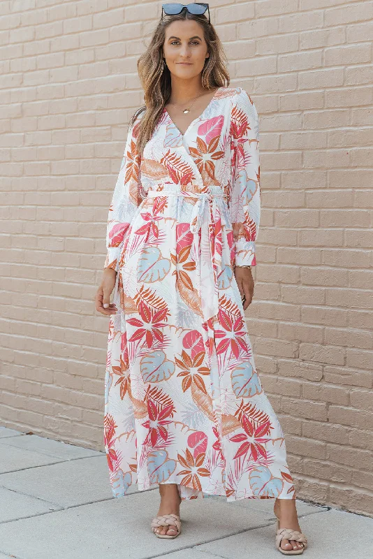 Blue Zone Planet |  Tropical Plant Print Long Sleeve Wrap V-Neck Slit Maxi Dress