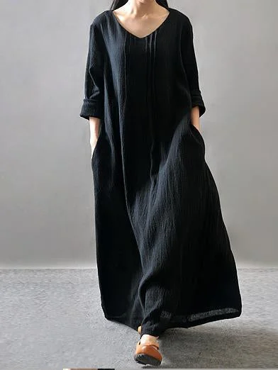 Vintage Linen Round Neck Long Sleeve Loose Casual Maxi Dress