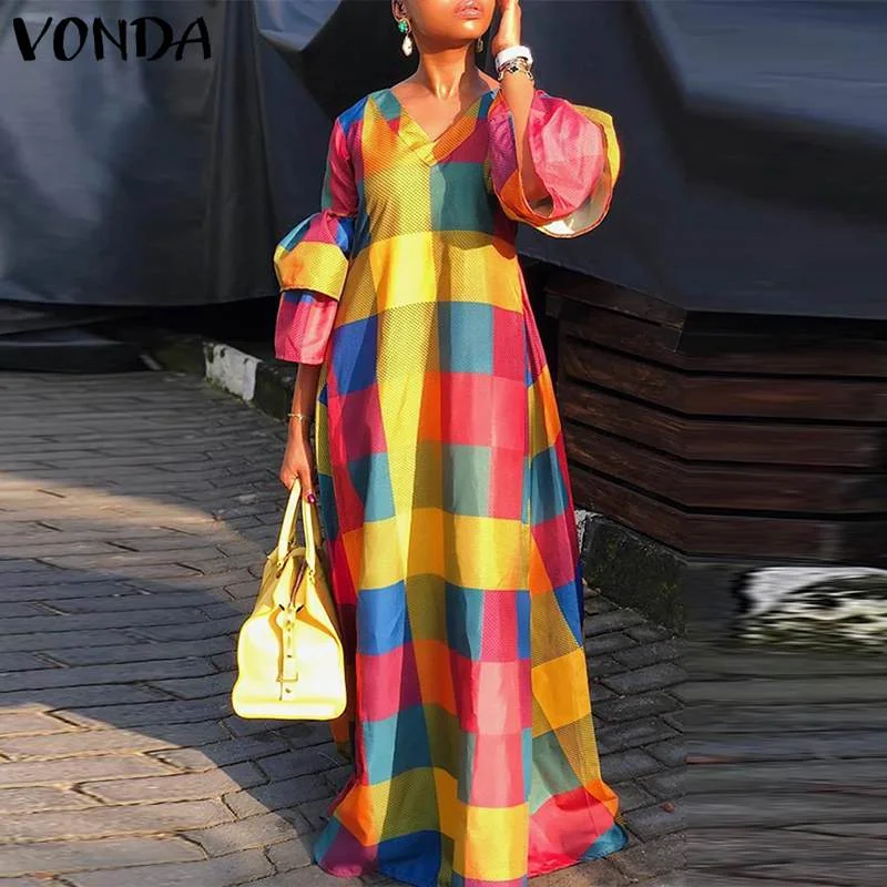 VONDA Women Dress Vintage Patchwork Plaid Maxi Dresses Bohemian Vestidos  Casual Flare Sleeves 3/4 Sleeve V Neck Robe