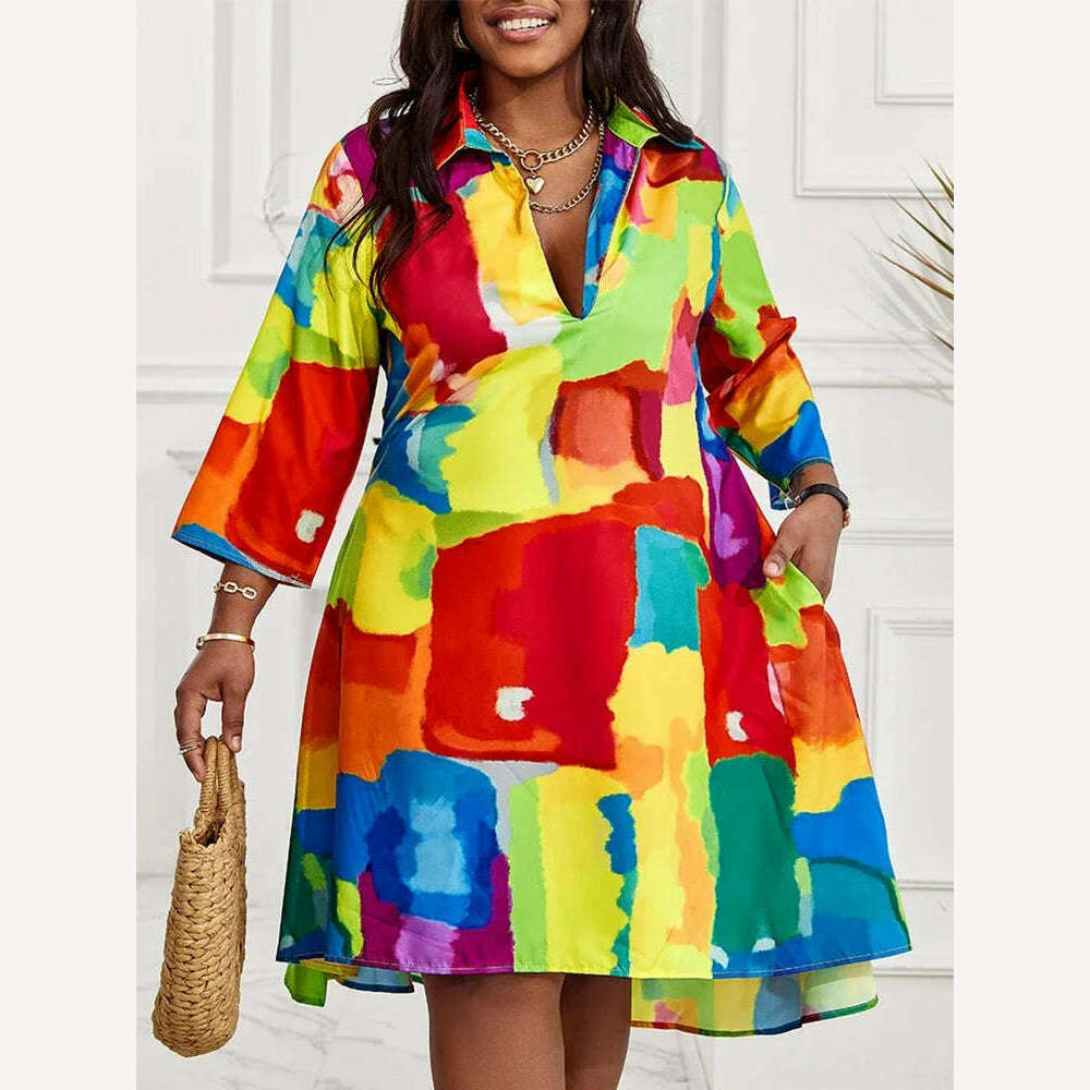 Dress for Women 2023 NEW Casual Plus Size Abstract Print Flowy Shirt Dress Vestidos De Mujer Elegant Boho Mini Robe Female