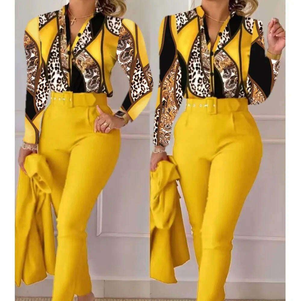 Fashion Printed Long Sleeved Shirt Women Suit Spring Autumn Slim Fit Shirtlace Up Pencil Pants Elegant Female Office 2 Piece Set