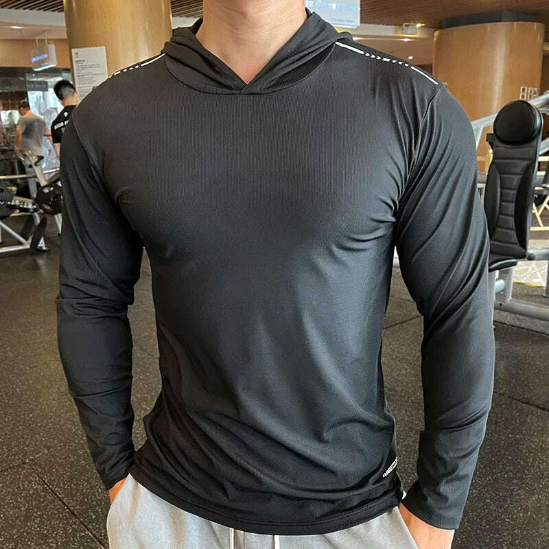 Gym Men T Shirt Casual Long Sleeve Slim Tops Tees Elastic T-shirt Sports Fitness Thin Comfort Breathable Quick Dry Hooded