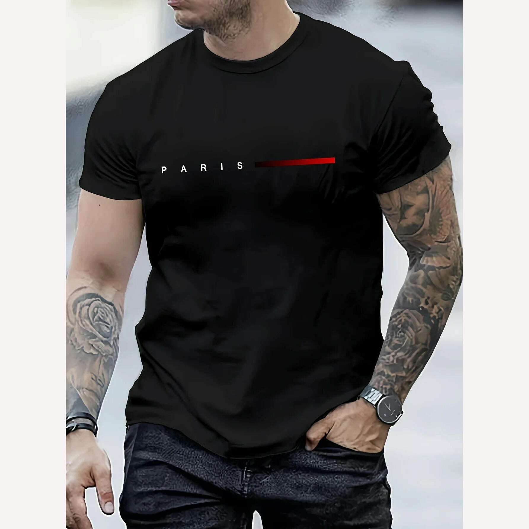 Men's 100% cotton summer loose PARIS Creative Letter print casual slim fit round neck short sleeved T-shirt top