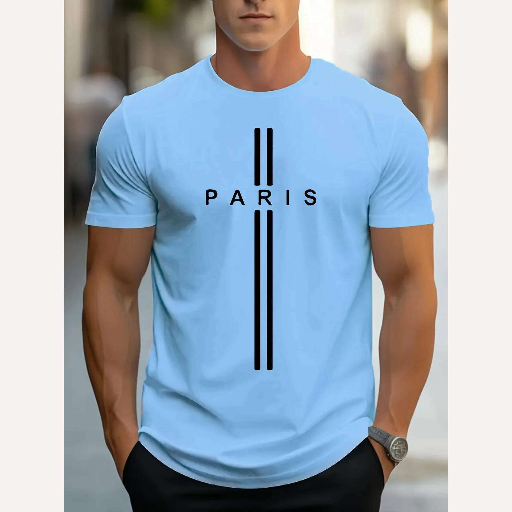 Men's 100% pure cotton summer loose fitting oversized Paris print casual slim fit round neck short sleeved T-shirt top