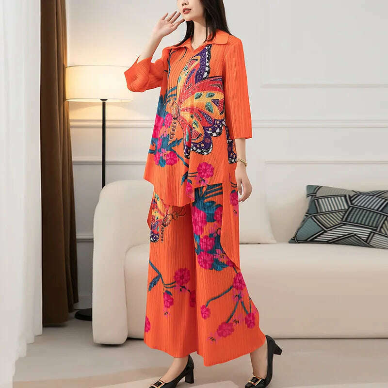 Miyake Pleated Suit Women Fashion Two-Piece Suit 2022 Autumn New Printed Shirt Collar Long Shirt High Waist Wide-Leg Trousers