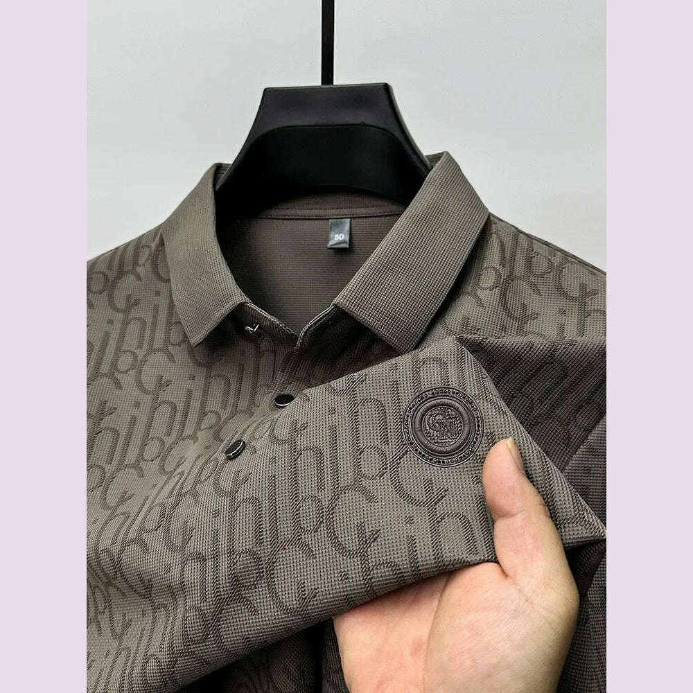 Summer New High-end Silk Short Sleeved Polo Shirt for Men's Luxurious Embossed Casual Fashion Comfortable Breathable Cool Top