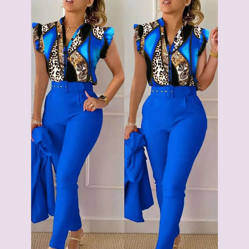 Womens Elegant Slim Two-Piece Sets Summer Fashion Print V Neck Button Flying Sleeve Shirt Top & Solid Long Pants Suits With Belt