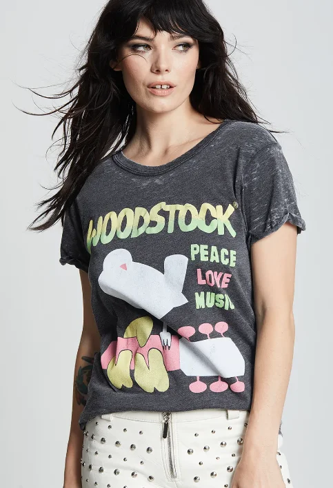 WoodStock Peace Love Music Black Burnout Tee