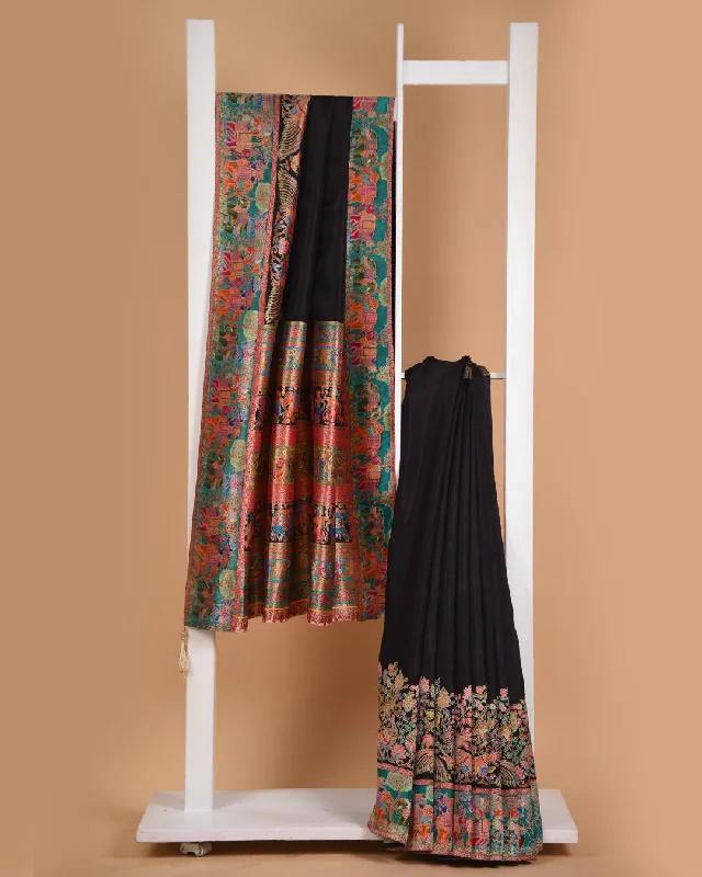 Black Silk Viscose Jamdani Woven Saree With Silk Woven Blouse