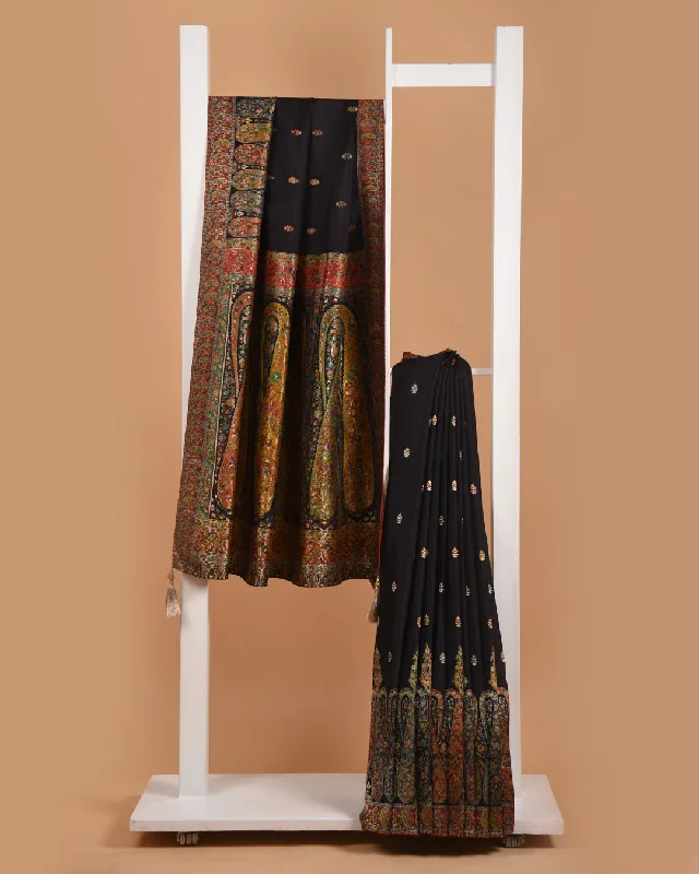 Black Silk Viscose Jamdani Woven Saree With Silk Woven Blouse