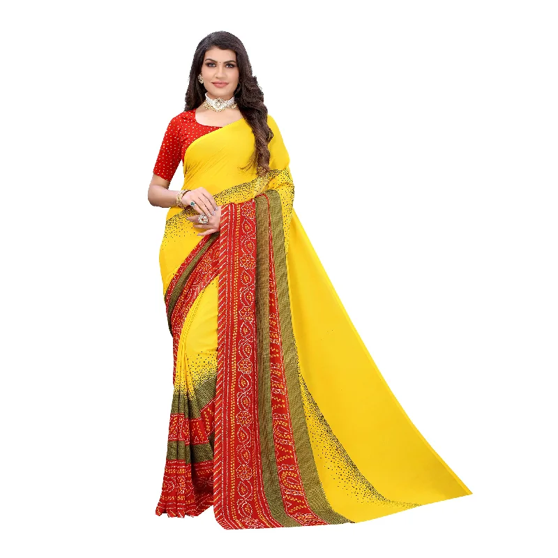 Ethnic Basket Women's Georgette Yellow Color Printed Bandhani Saree With Blouse Piece-RL825