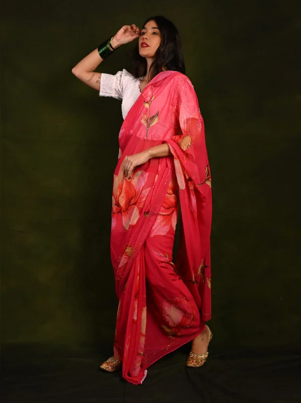 Georgette Digital Printed Saree with Handwork and Art Silk Embroidered Blouse S2012