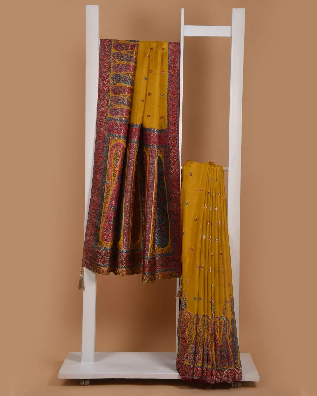 Mustard Silk Viscose Jamdani Woven Saree With Silk Woven Blouse