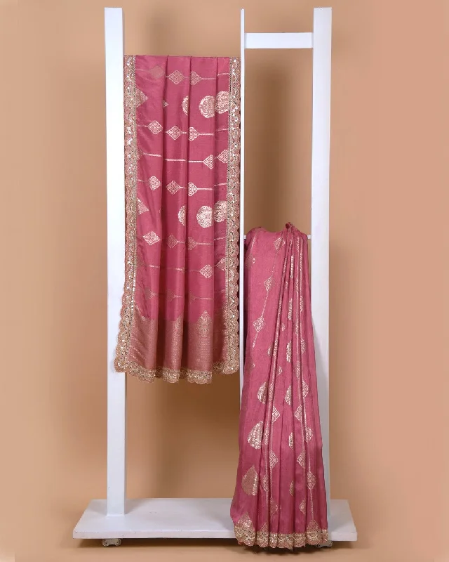 Onion Pink Silk Visocse Blend Woven With Hand Embroidery Saree With Silk Viscose Blouse