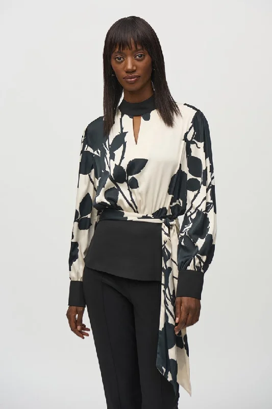 Satin Floral Print blouse - Black and Moonstone