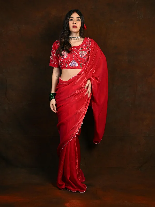 Space Silk Saree with Handwork and Embroidered Space Silk Blouse (Unstitched) S2008