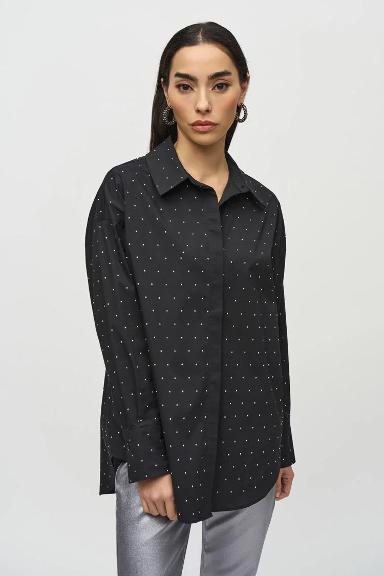 Stretch Cotton Blouse With Rhinestones - Black