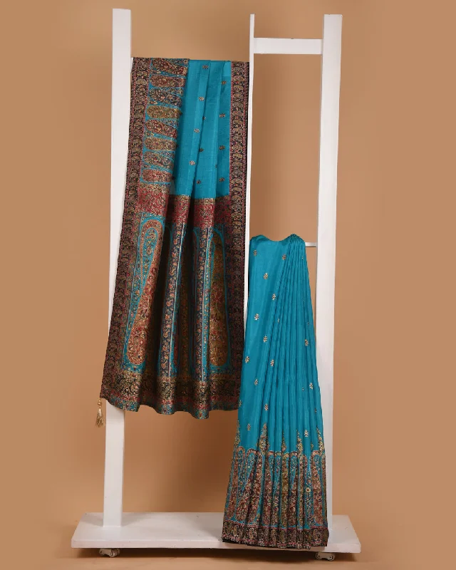 Turquoise Silk Viscose Jamdani Woven Saree With Silk Woven Blouse