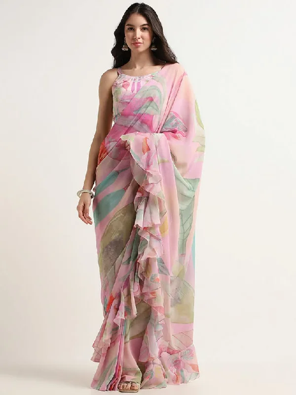 Vark Pastel Pink Ruffled Saree with Blouse