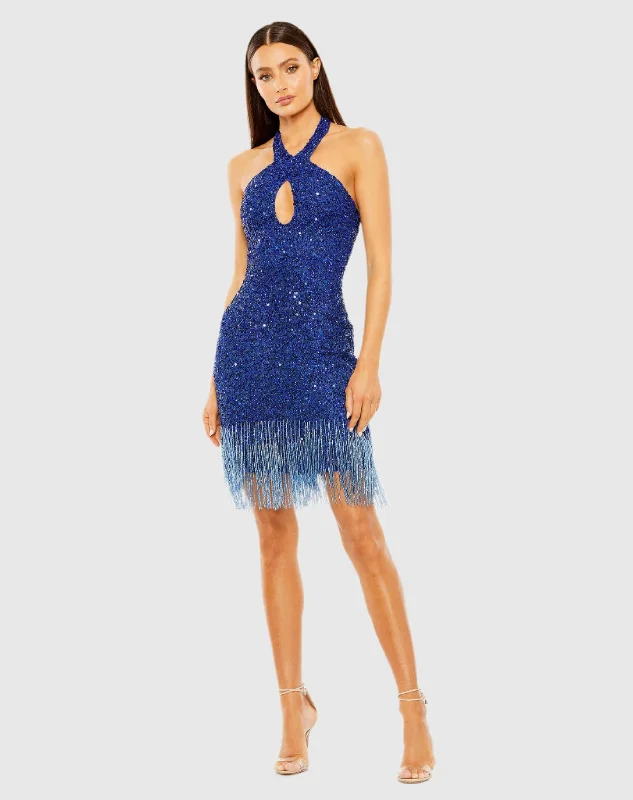 Blue Cross Front Keyhole Top Beaded Fringe Mini Dress Trendy Mini Dress with Belt