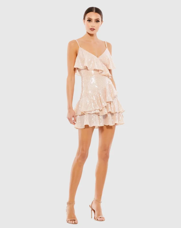 Sequined Ruffle Tiered Faux Wrap Mini Dress Chic Mini Dress with V-Neck