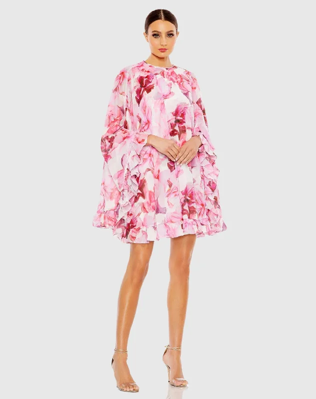 Floral Print High Neck Ruffle Hem Cape Mini Dress Elegant Mini Dress with Pleats