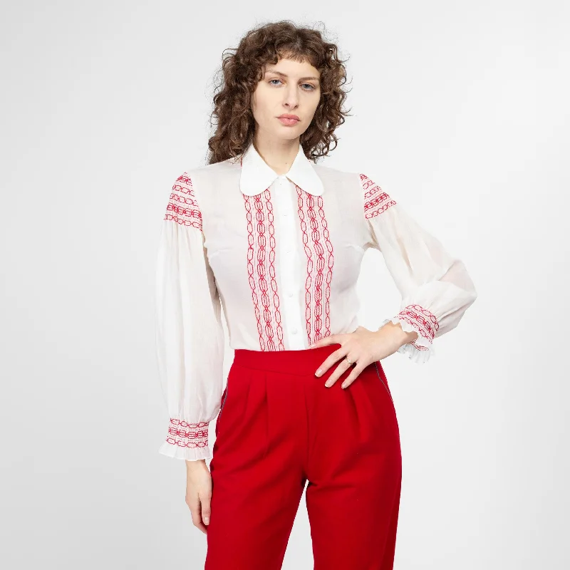 Small 70s Boho White & Red Embroidered Folk Blouse