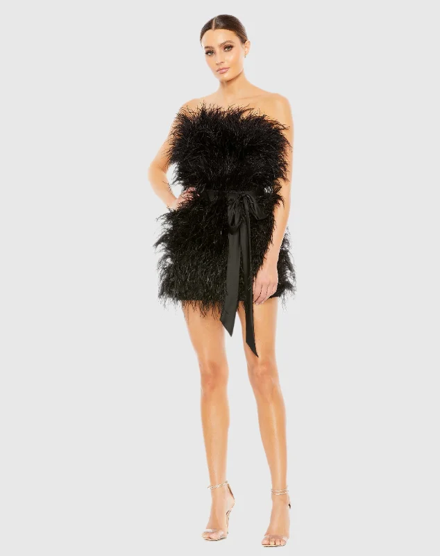 Black Feather Strapless Mini Dress Fashionable Pleated Mini Dress