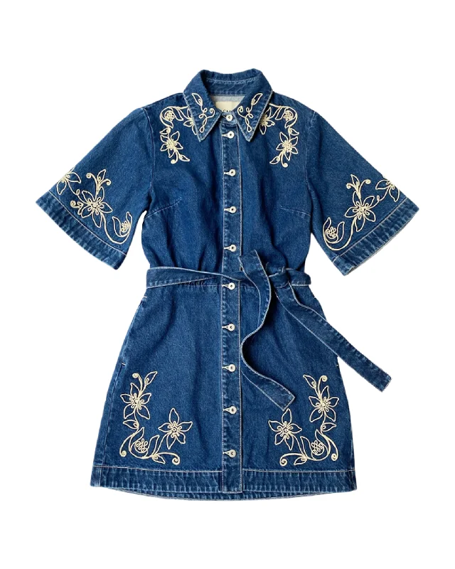 ALEMAIS | EMBROIDERED DENIM CARMEN MINI DRESS Fashionable Polka Dot Mini Dress