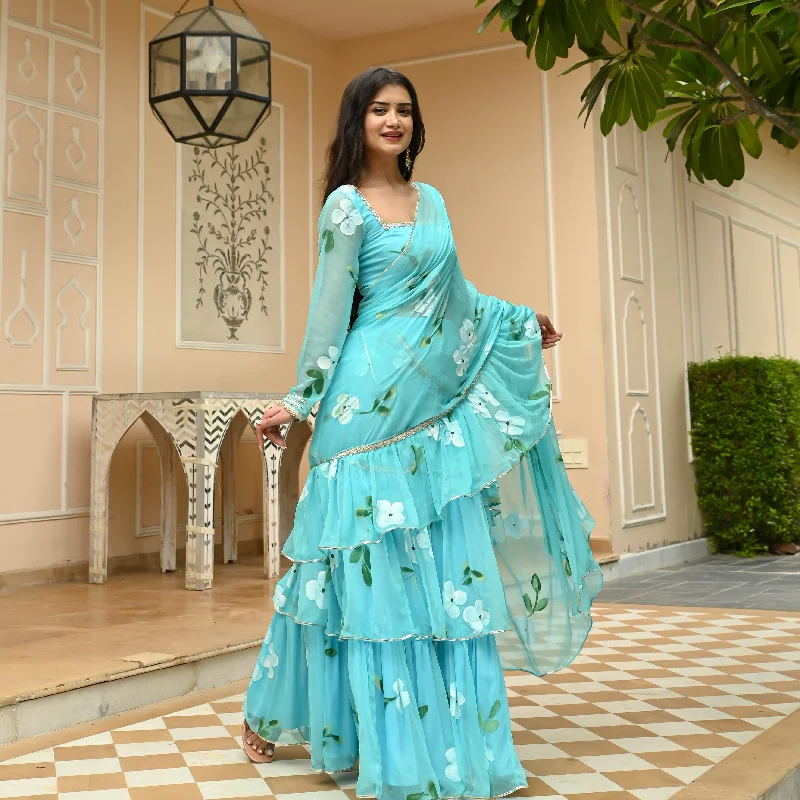 Bunaai Aqua Mist Draped Saree with Blouse