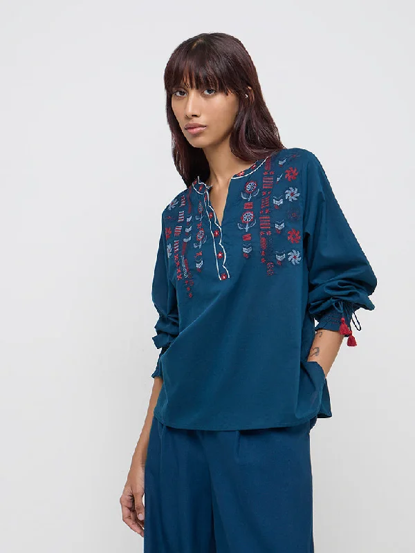 Bombay Paisley Blue Embroidered Cotton Blouse