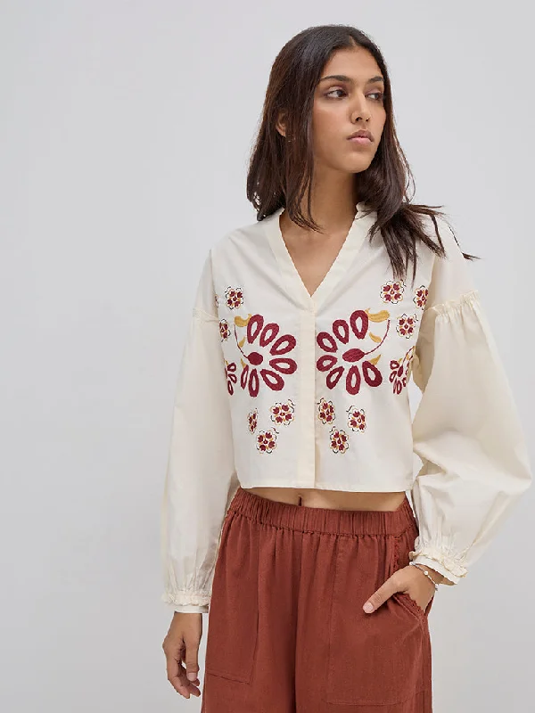 Bombay Paisley Off-White Floral Embroidered Cotton Blouse