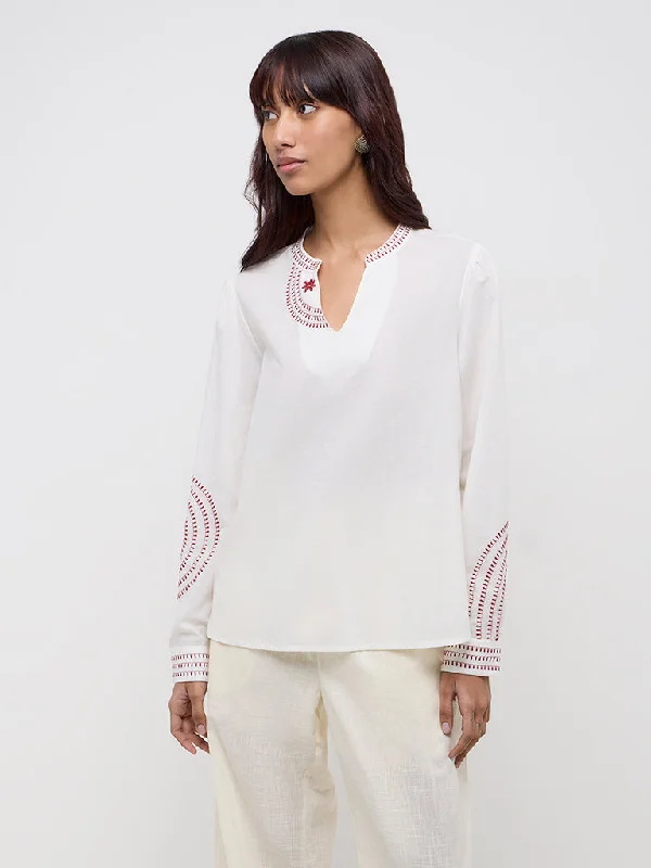 Bombay Paisley White Embroidered Cotton Blouse