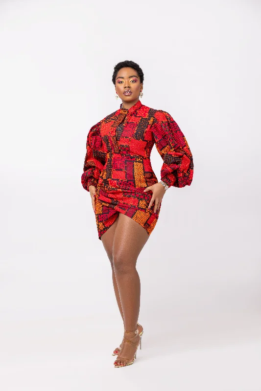 Bonnie Ankara Short Mini Dress | Red and Orange African Print Trendy Mesh Mini Dress