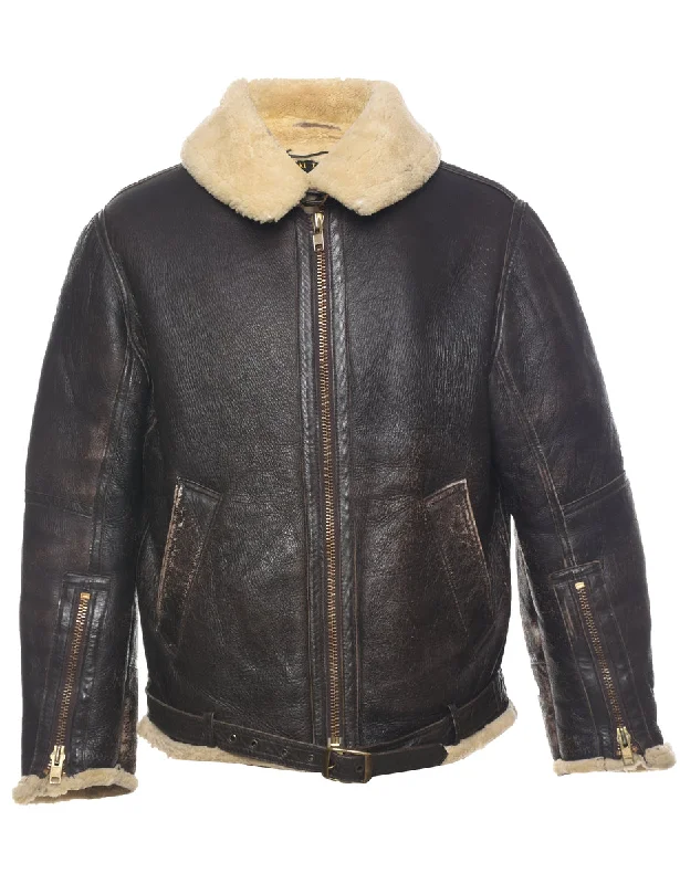 Dark Brown Shearling Leather Jacket - L