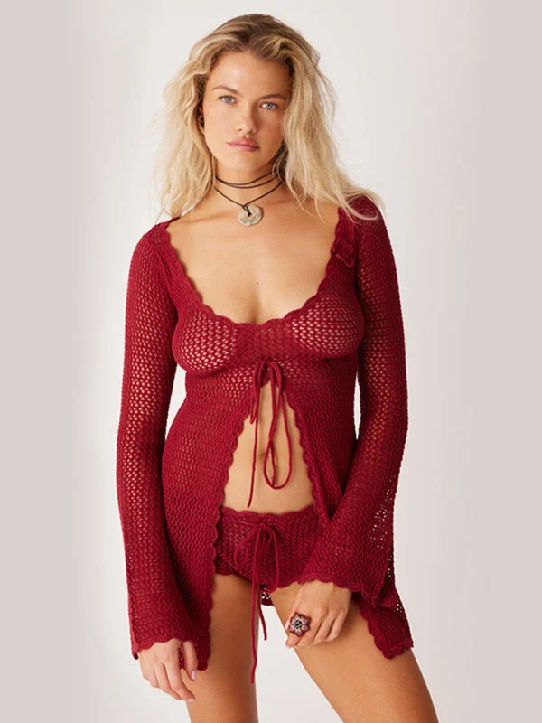 Blue Zone Planet | Ella's Solid Color Knitted Hollow Bikini Cover-Up Mini Dress with Front Lace Tie Chic Halter Mini Dress