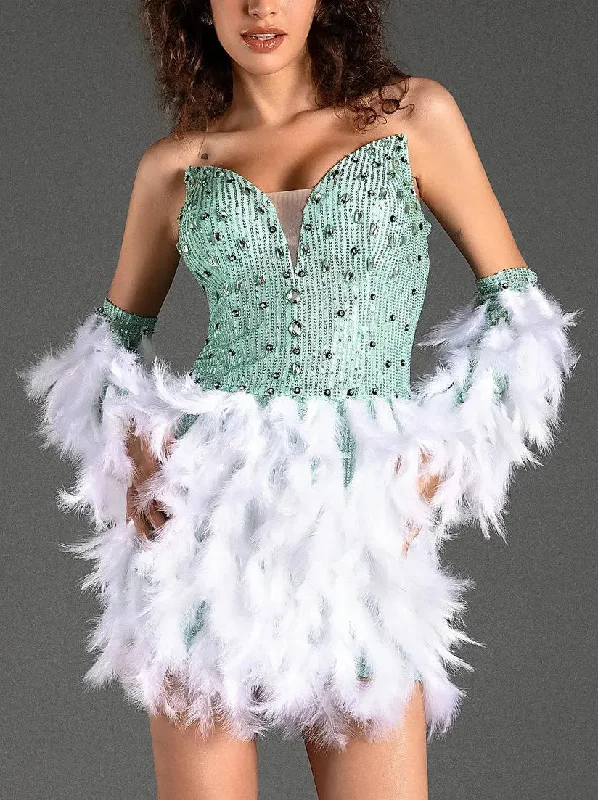 Embellished Strapless Feather Mini Dress with Matching Gloves Comfortable Smocked Mini Dress