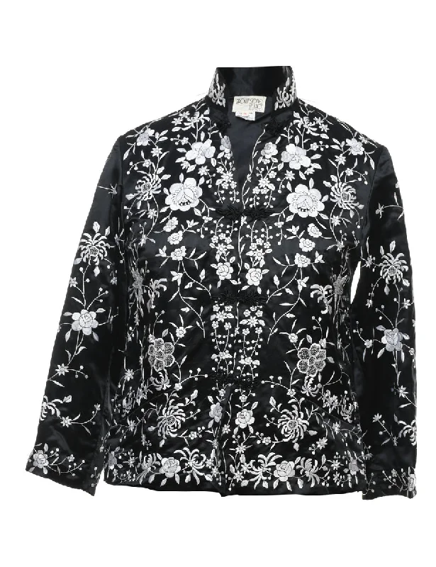 Embroidered Black & Silver Floral Evening Jacket - M