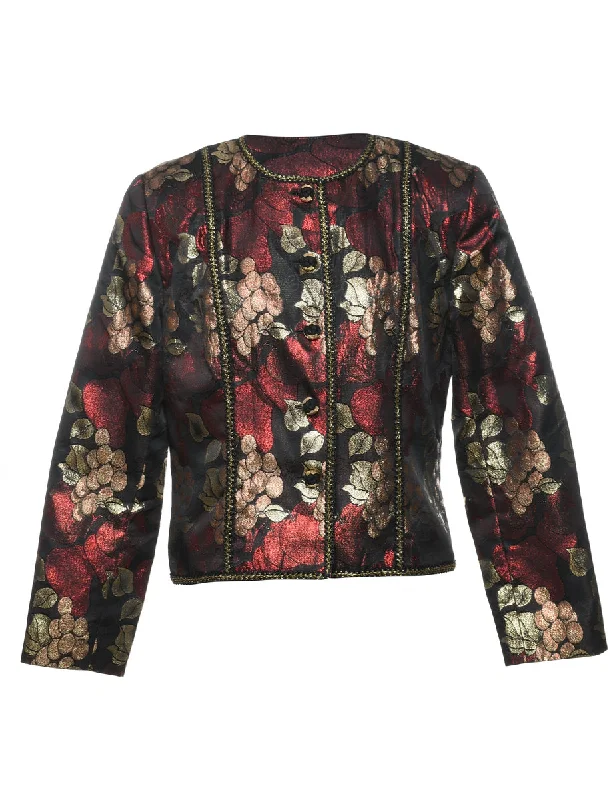 Floral Pattern Maroon & Silver Metallic Evening Jacket - M