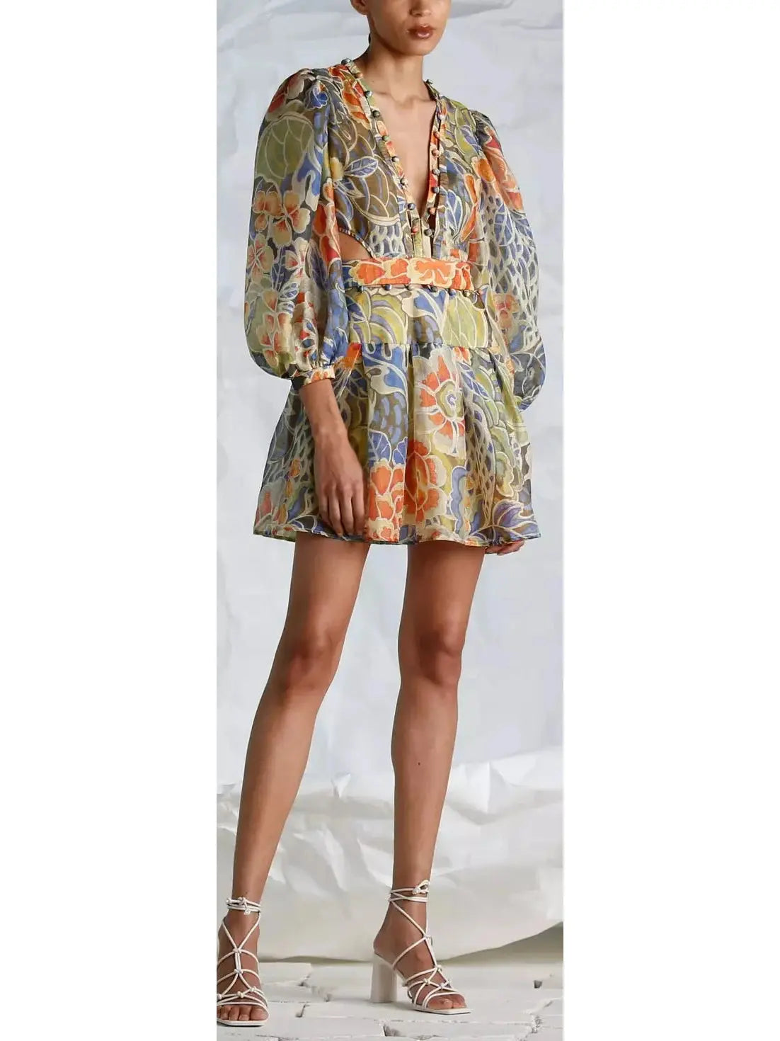 Floral Print Silk and Linen Subtle Cut-Out Mini Dress Modern Satin Mini Dress