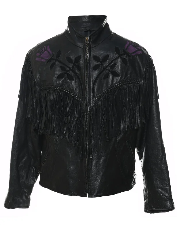 Fringed Black & Purple Floral Design Leather Jacket - L