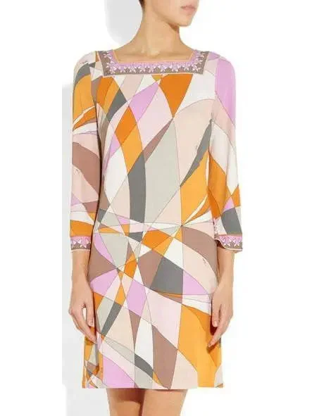 Geometric Print Square-Neck Jersey Silk Mini Dress-Multi Color Trendy A-Line Mini Dress