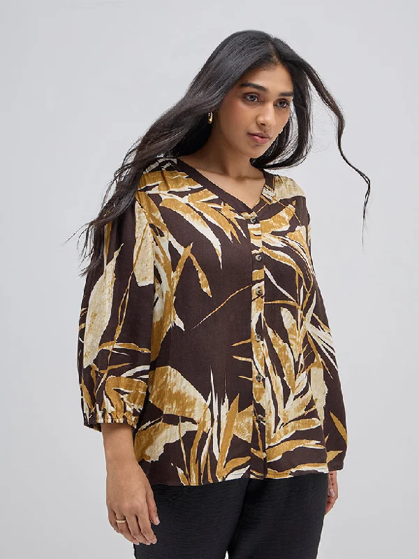 Gia Dark Brown Botanical Printed Blouse