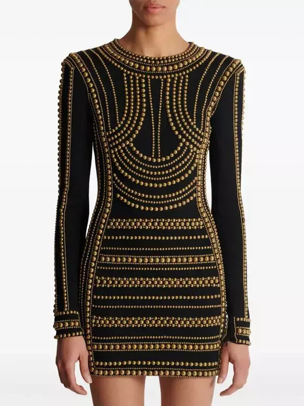 Gold-Stud-Embellished Black Mini Dress Trendy Bodycon Mini Dress