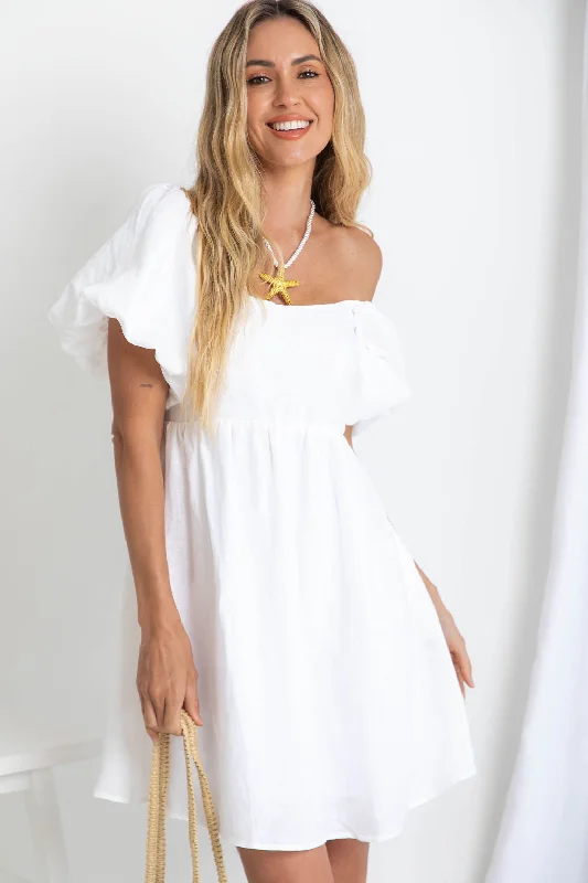 Jayla Linen Mini Dress - White - The Self Styler Trendy Denim Mini Dress