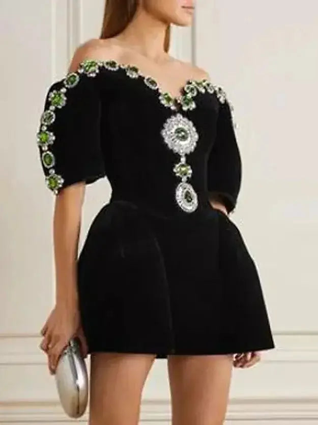 Jewel-Embellished Black Velvet Mini Dress Elegant Lace Mini Dress