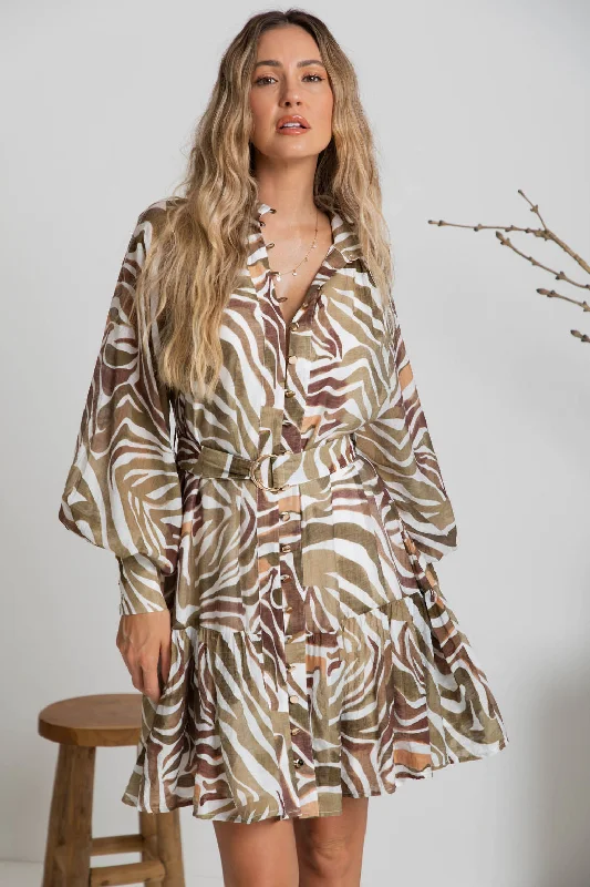 Khalia Mini Dress - Khaki Zebra Print Trendy A-Line Mini Dress