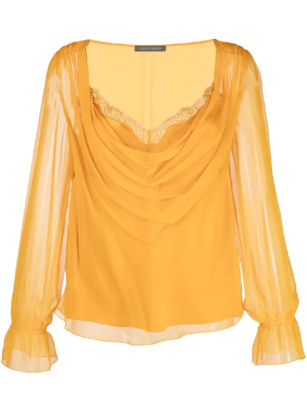 lace-trim long-sleeve silk blouse in orange