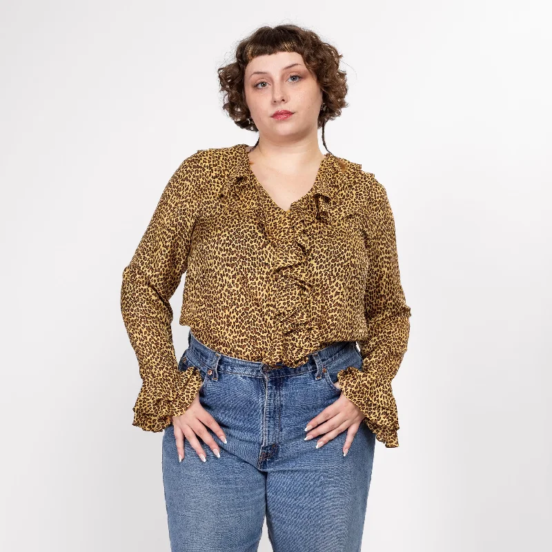 Large 90s Silk Leopard Print Ruffled Blouse