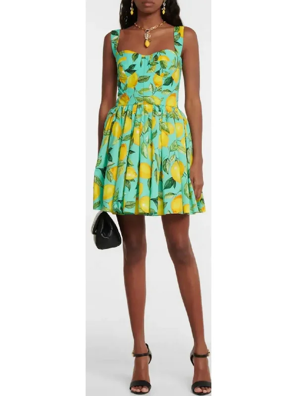 Lemon Printed Mini Dress, Green Chic Pleated Mini Dress